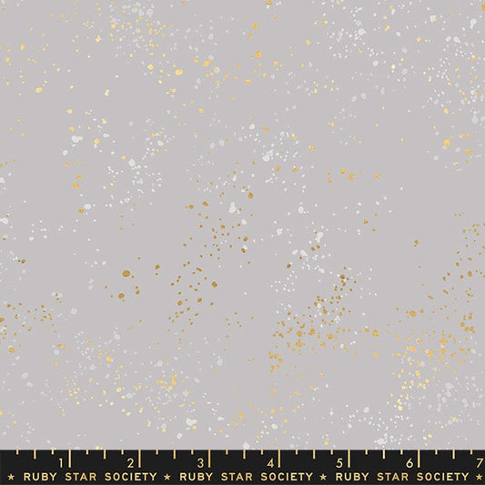 Cotton quilting fabric pattern called '108" Wide Speckled in Dove'. Part of the 'Speckled Wideback' fabric collection. Designed by Ruby Star Society for fabric company Moda Fabrics. SKU: RS5055 59M. 44-45 inch width.