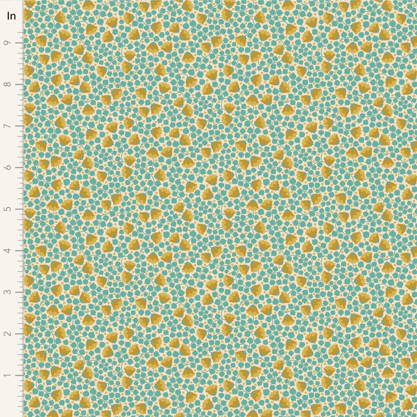 A closeup shot of the quilting fabric pattern called Bellflower, designed by Tone Finnanger, in the teal colorway. The SKU is TIL110126.