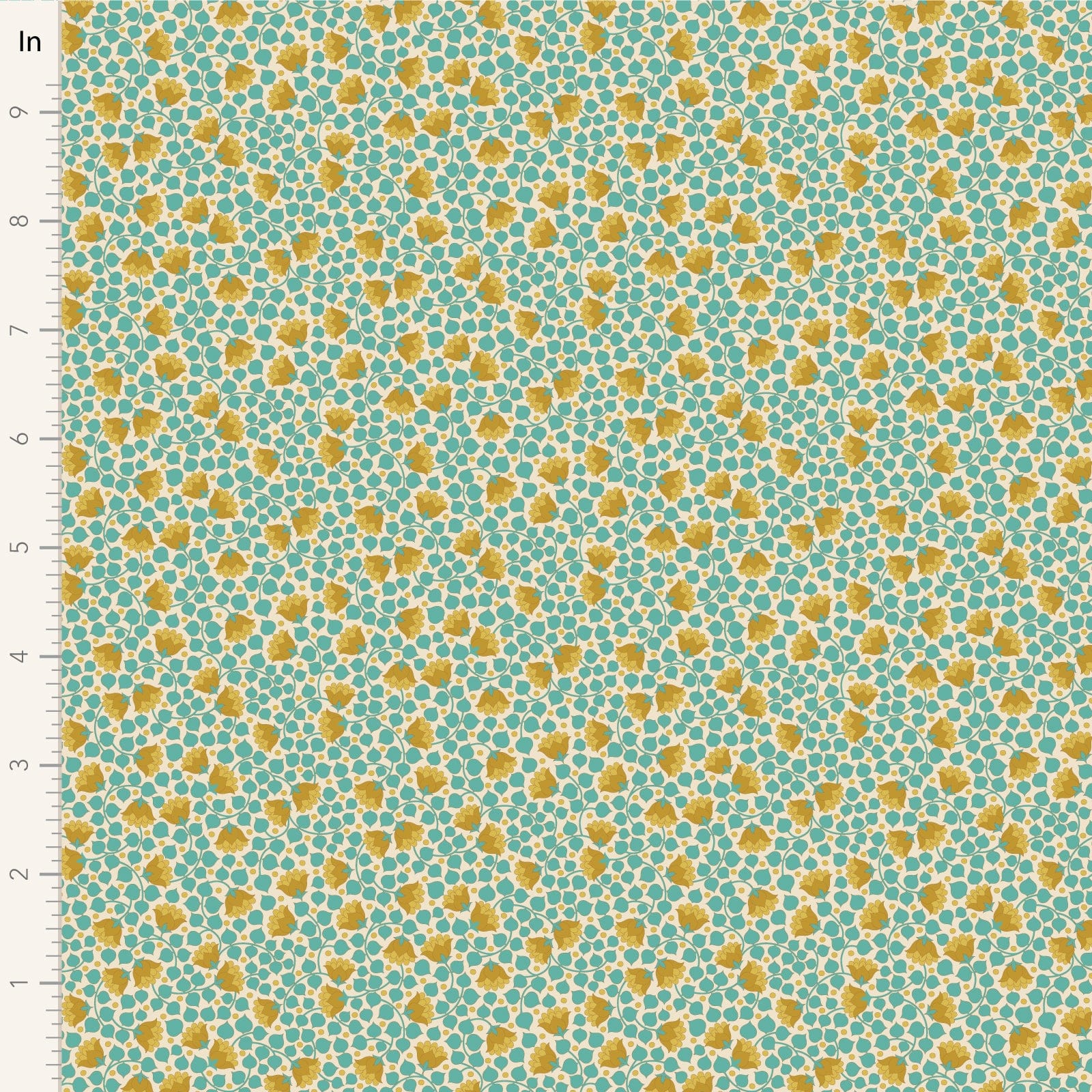 A closeup shot of the quilting fabric pattern called Bellflower, designed by Tone Finnanger, in the teal colorway. The SKU is TIL110126.