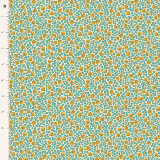 A closeup shot of the quilting fabric pattern called Bellflower, designed by Tone Finnanger, in the teal colorway. The SKU is TIL110126.