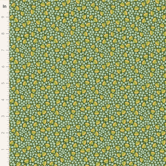 A closeup shot of the quilting fabric pattern called Bellflower, designed by Tone Finnanger, in the pine colorway. The SKU is TIL110127.