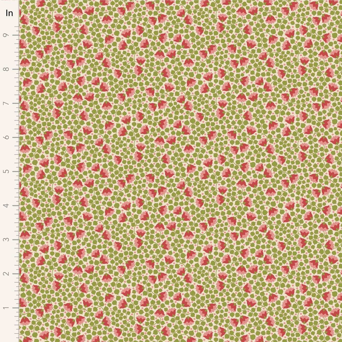 A closeup shot of the quilting fabric pattern called Bellflower, designed by Tone Finnanger, in the green colorway. The SKU is TIL110128.