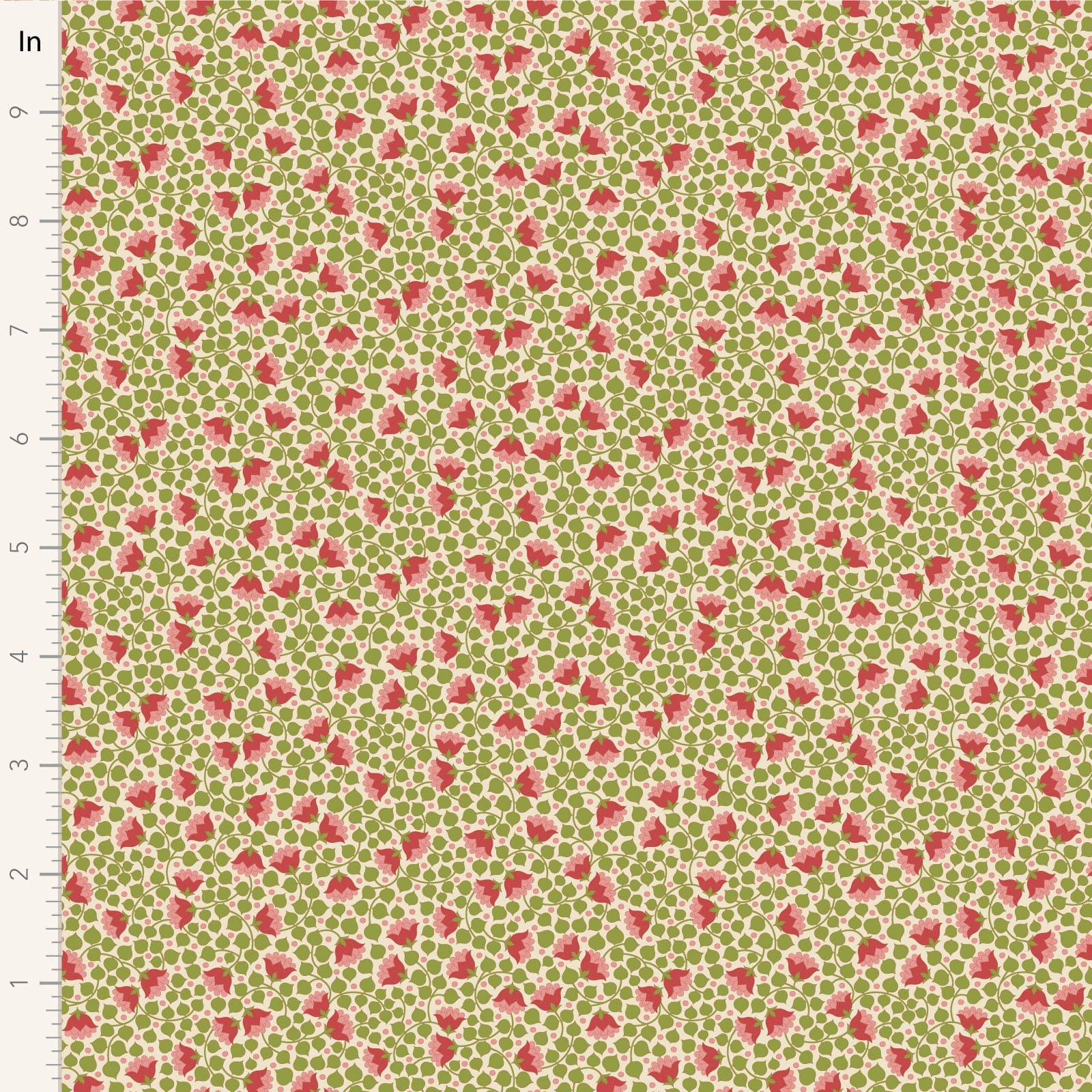 A closeup shot of the quilting fabric pattern called Bellflower, designed by Tone Finnanger, in the green colorway. The SKU is TIL110128.