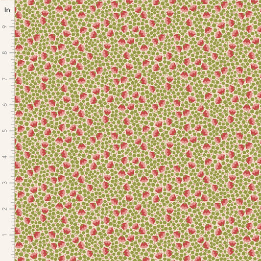 A closeup shot of the quilting fabric pattern called Bellflower, designed by Tone Finnanger, in the green colorway. The SKU is TIL110128.