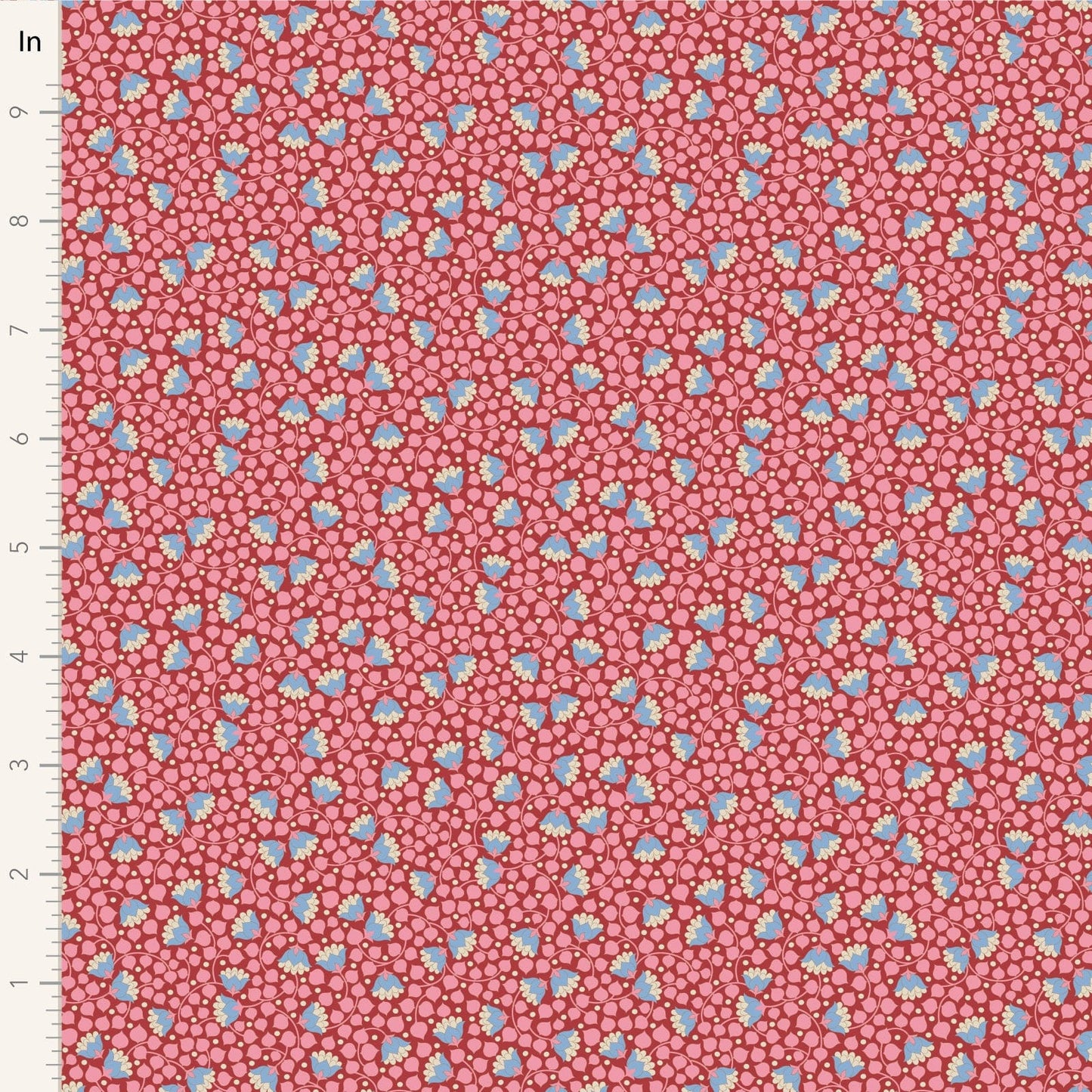 A closeup shot of the quilting fabric pattern called Bellflower, designed by Tone Finnanger, in the pink colorway. The SKU is TIL110129.