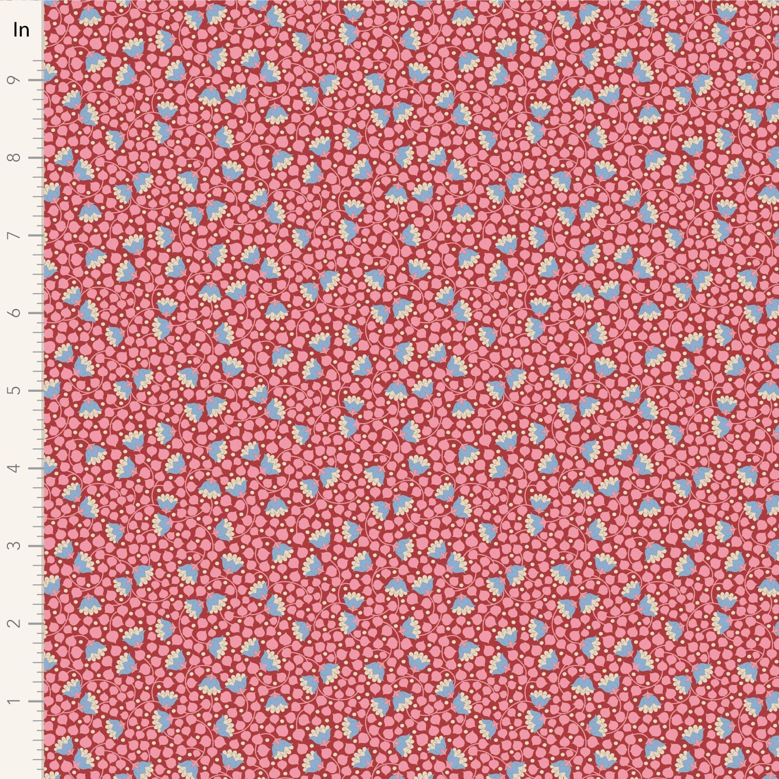 A closeup shot of the quilting fabric pattern called Bellflower, designed by Tone Finnanger, in the pink colorway. The SKU is TIL110129.