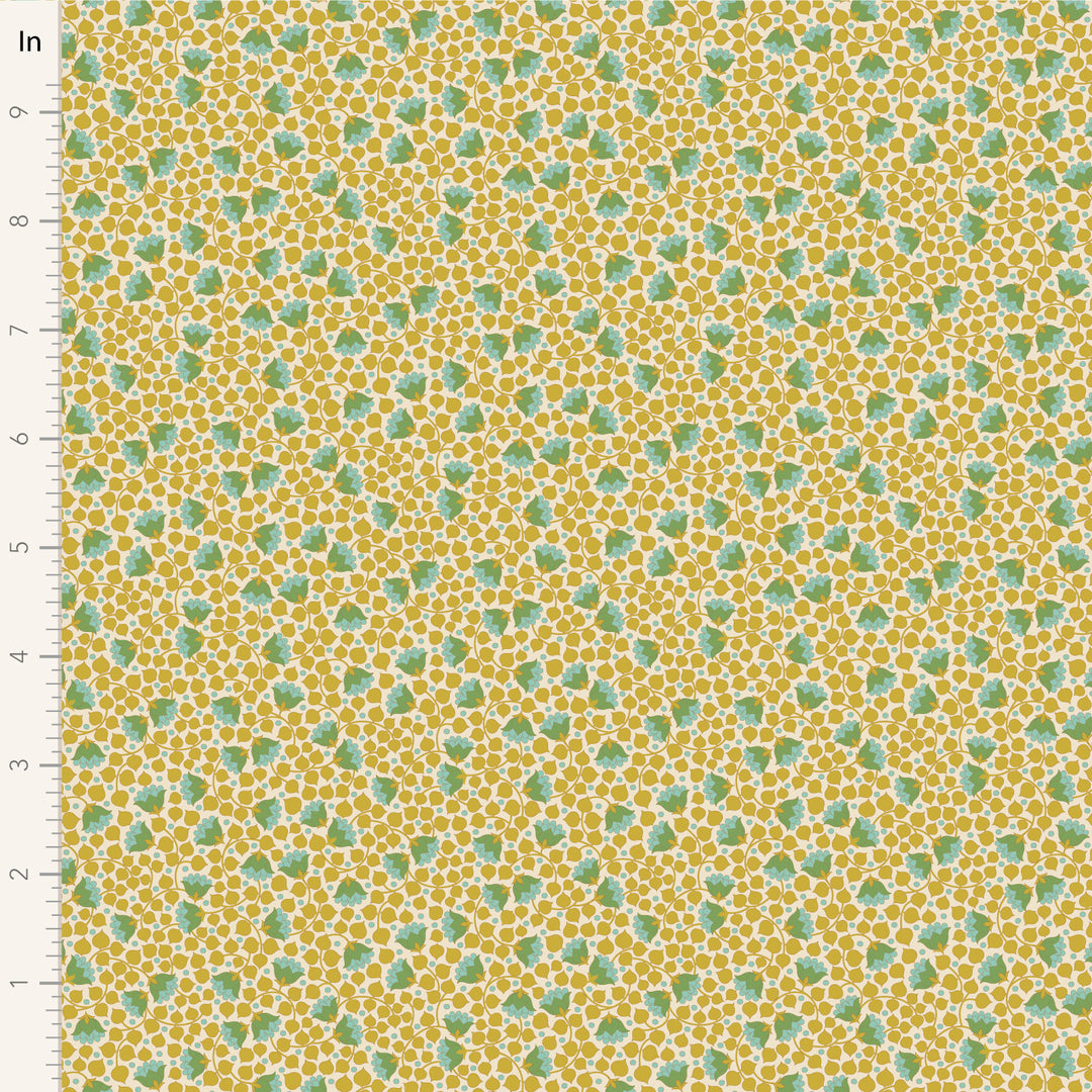 A closeup shot of the quilting fabric pattern called Bellflower, designed by Tone Finnanger, in the flaxen colorway. The SKU is TIL110130.