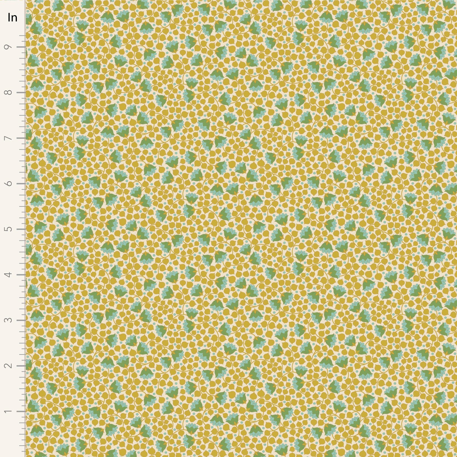 A closeup shot of the quilting fabric pattern called Bellflower, designed by Tone Finnanger, in the flaxen colorway. The SKU is TIL110130.