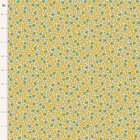 A closeup shot of the quilting fabric pattern called Bellflower, designed by Tone Finnanger, in the flaxen colorway. The SKU is TIL110130.
