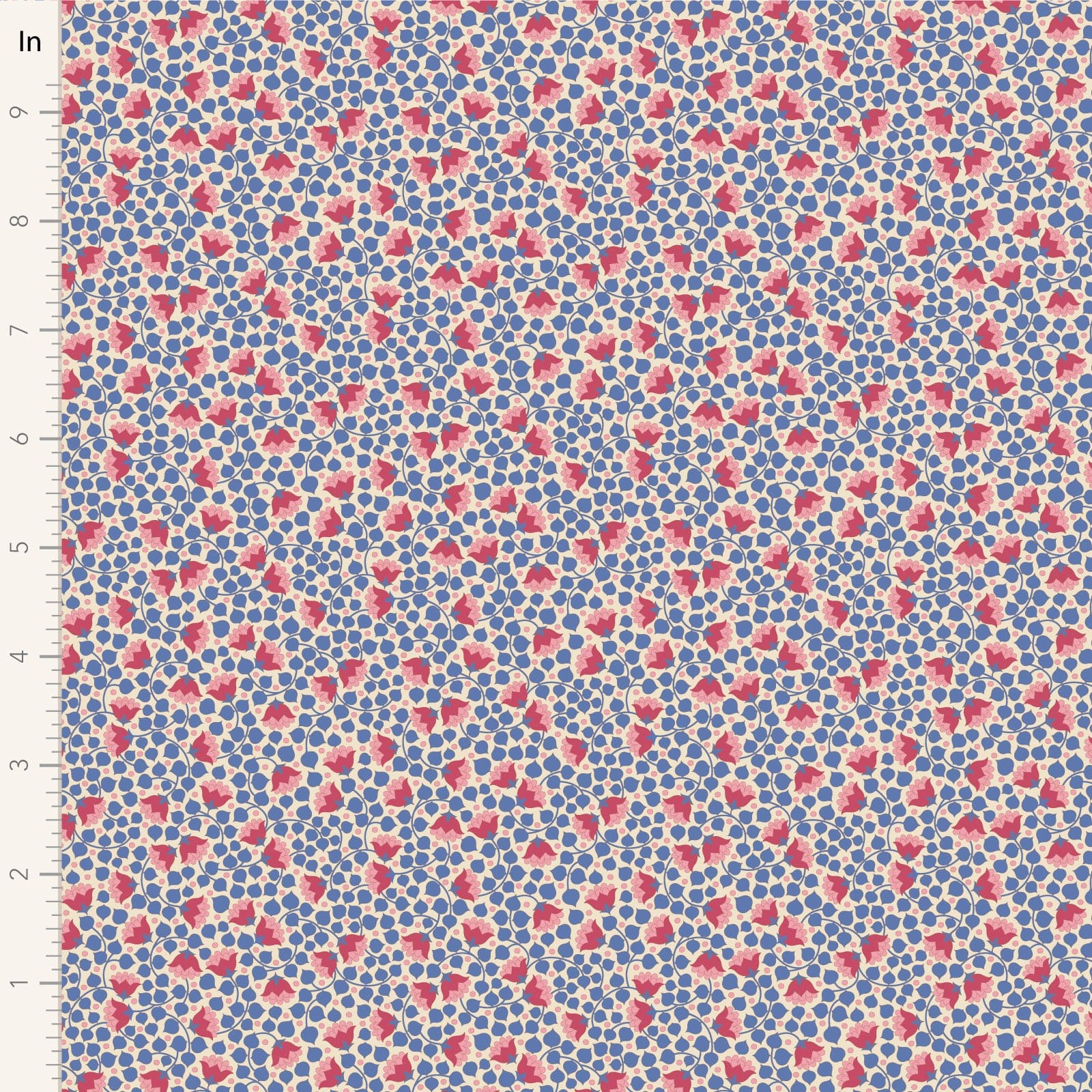 A closeup shot of the quilting fabric pattern called Bellflower, designed by Tone Finnanger, in the denim colorway. The SKU is TIL110131.