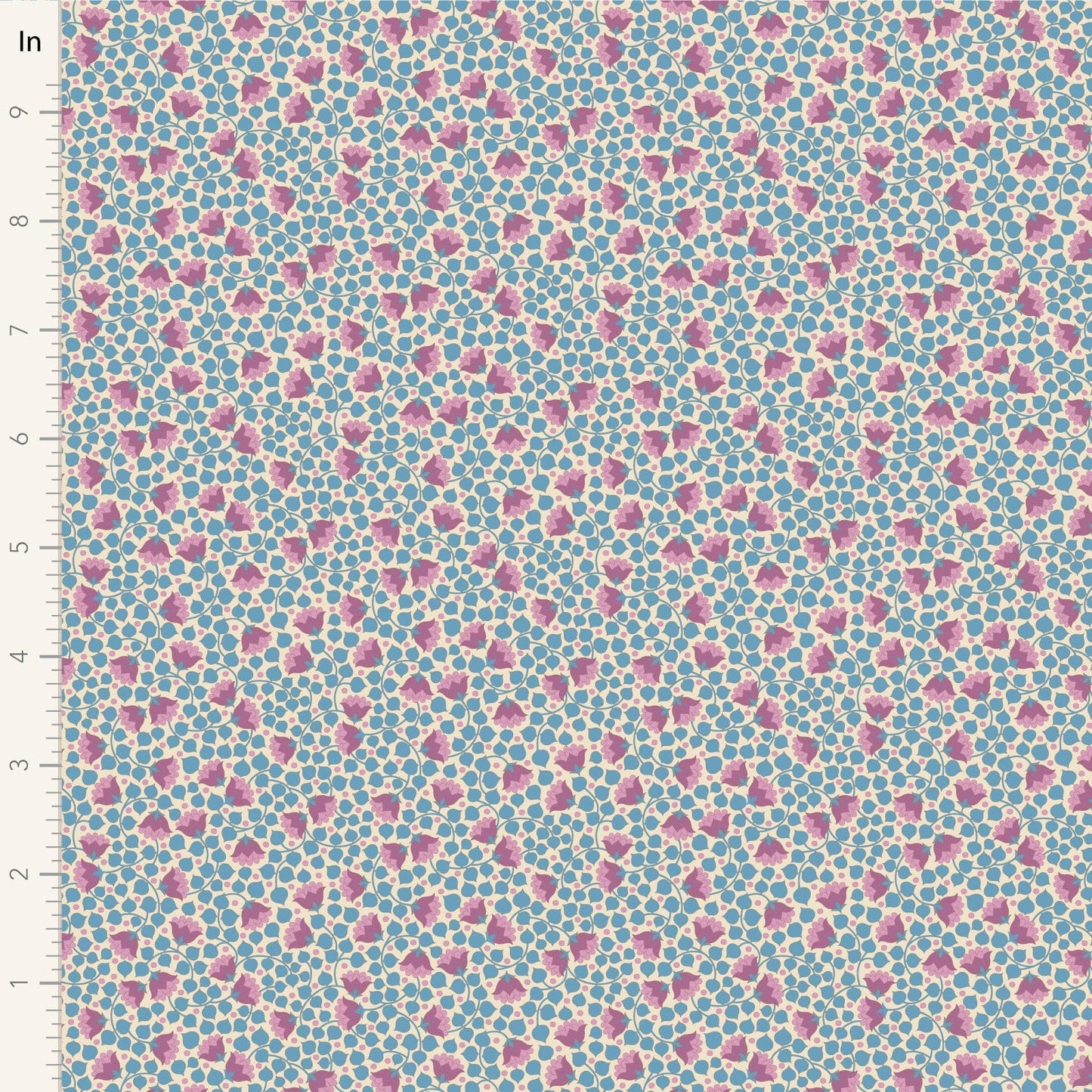 A closeup shot of the quilting fabric pattern called Bellflower, designed by Tone Finnanger, in the blue colorway. The SKU is TIL110132.