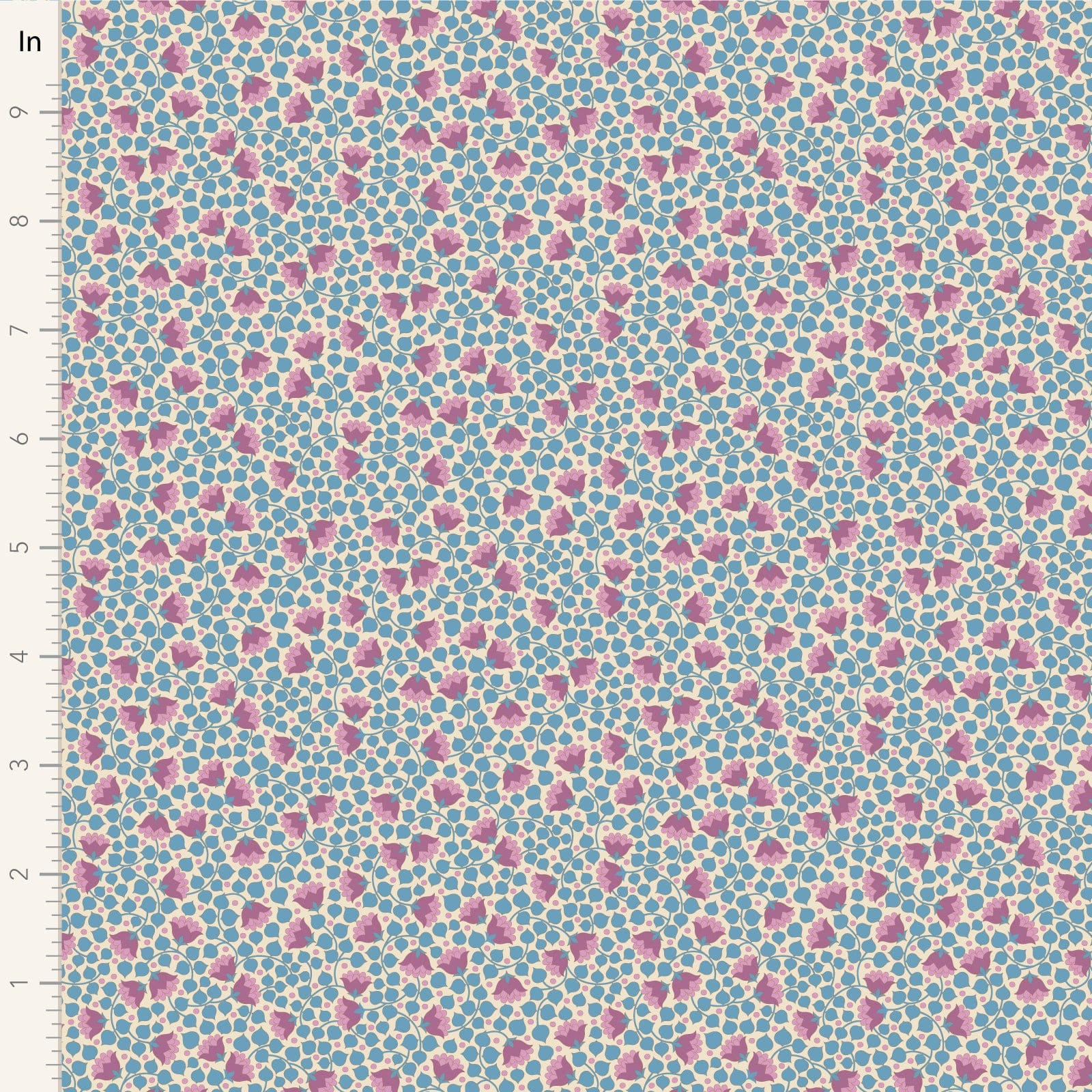 A closeup shot of the quilting fabric pattern called Bellflower, designed by Tone Finnanger, in the blue colorway. The SKU is TIL110132.