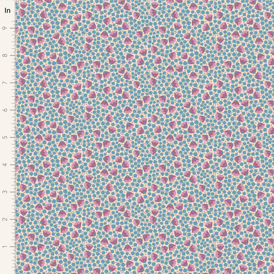 A closeup shot of the quilting fabric pattern called Bellflower, designed by Tone Finnanger, in the blue colorway. The SKU is TIL110132.