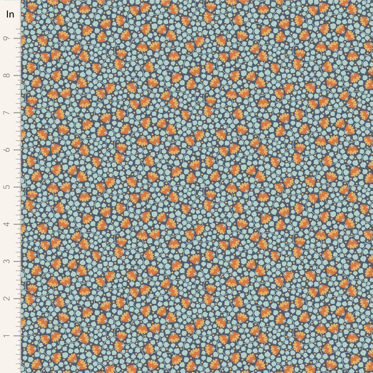 A closeup shot of the quilting fabric pattern called Bellflower, designed by Tone Finnanger, in the prussian colorway. The SKU is TIL110133.