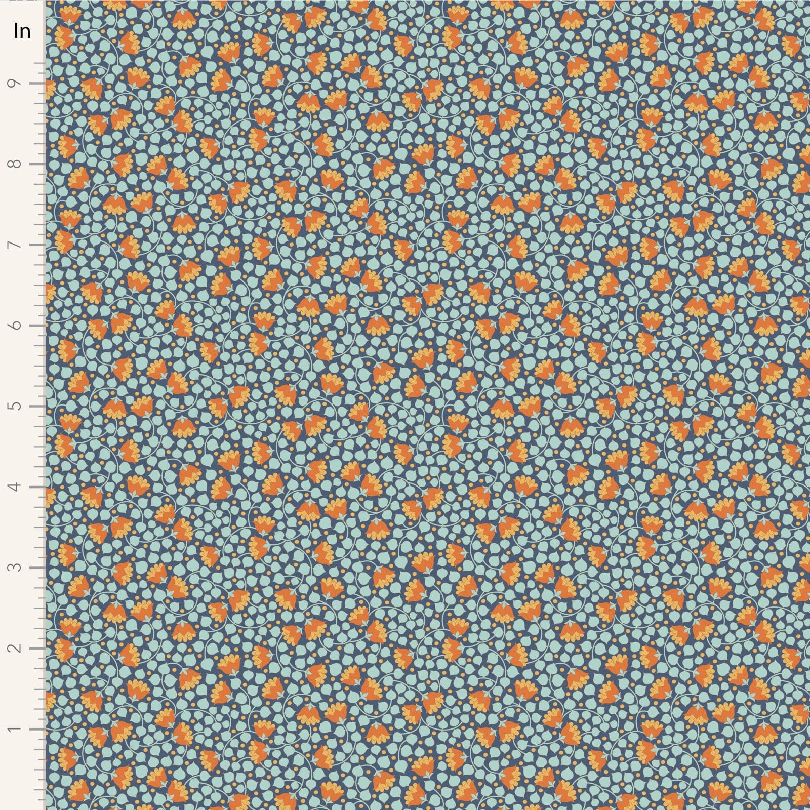 A closeup shot of the quilting fabric pattern called Bellflower, designed by Tone Finnanger, in the prussian colorway. The SKU is TIL110133.