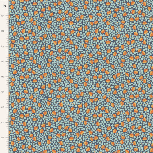 A closeup shot of the quilting fabric pattern called Bellflower, designed by Tone Finnanger, in the prussian colorway. The SKU is TIL110133.