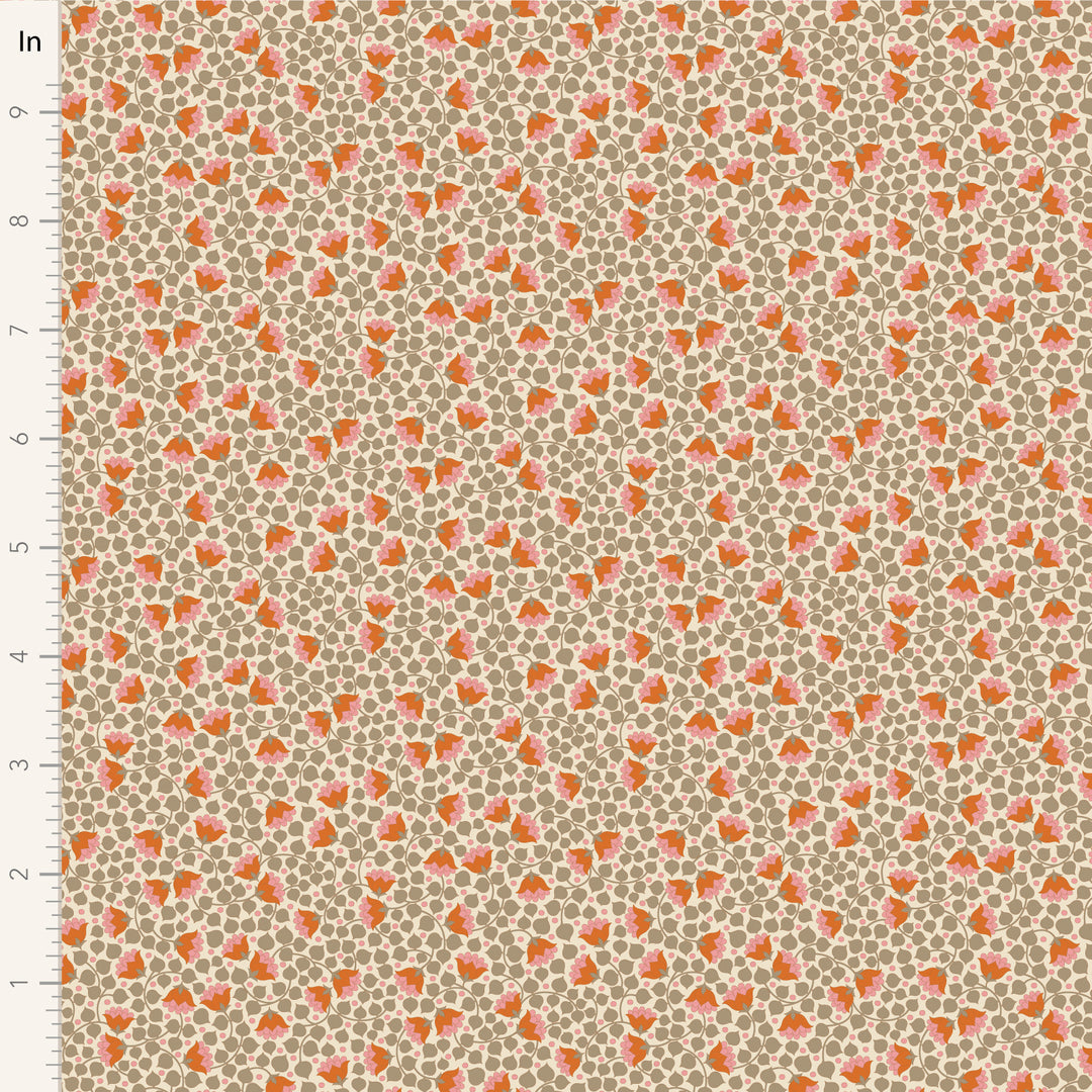 A closeup shot of the quilting fabric pattern called Bellflower, designed by Tone Finnanger, in the sand colorway. The SKU is TIL110134.