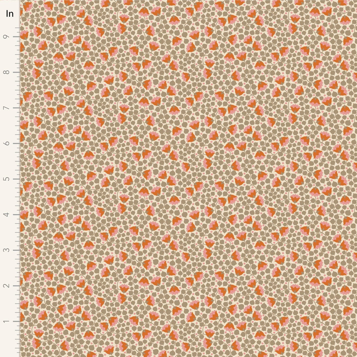 A closeup shot of the quilting fabric pattern called Bellflower, designed by Tone Finnanger, in the sand colorway. The SKU is TIL110134.