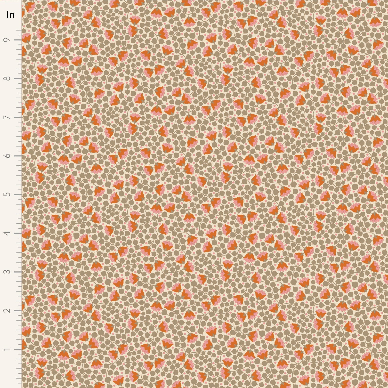 A closeup shot of the quilting fabric pattern called Bellflower, designed by Tone Finnanger, in the sand colorway. The SKU is TIL110134.