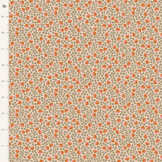 A closeup shot of the quilting fabric pattern called Bellflower, designed by Tone Finnanger, in the sand colorway. The SKU is TIL110134.