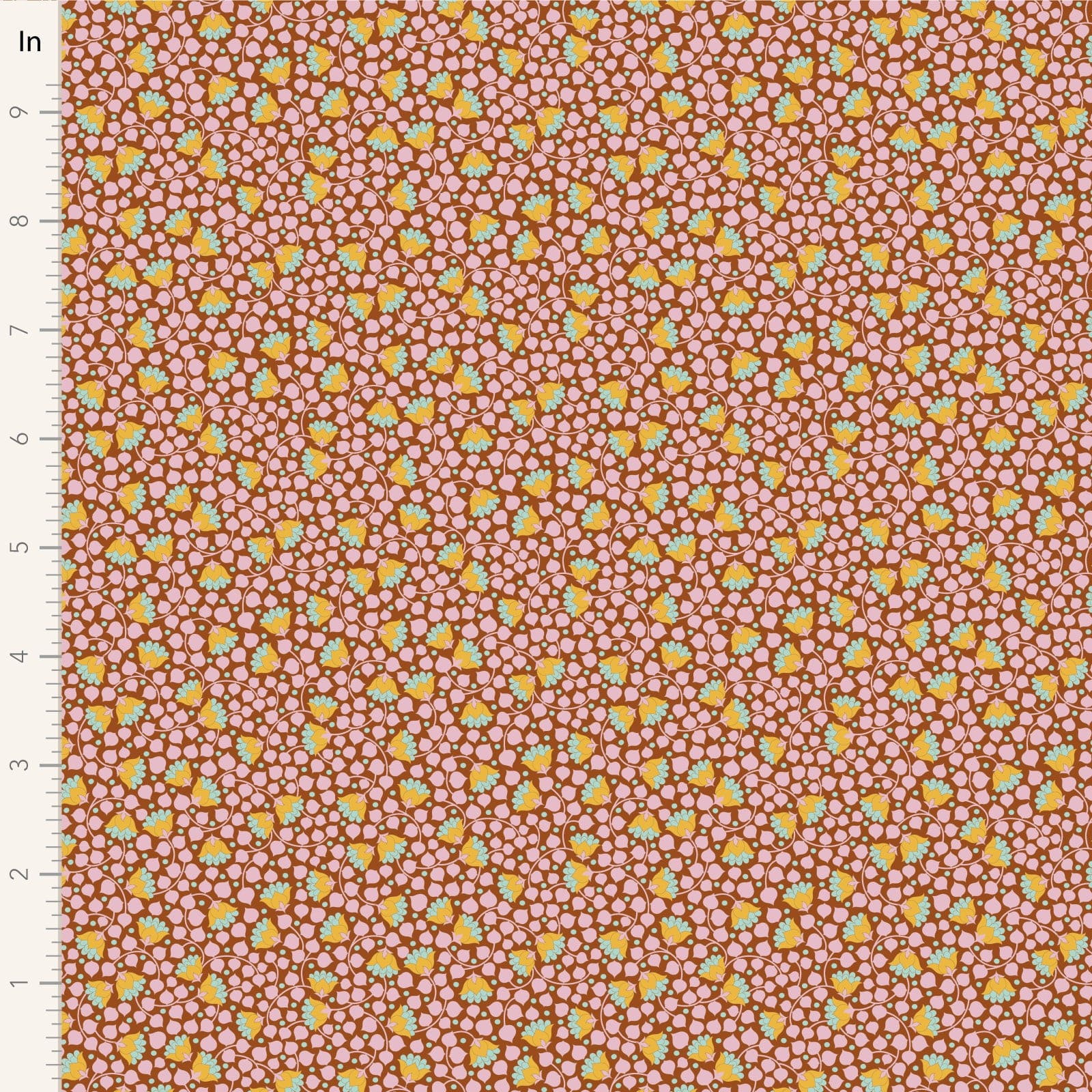 A closeup shot of the quilting fabric pattern called Bellflower, designed by Tone Finnanger, in the mulberry colorway. The SKU is TIL110135.