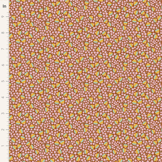 A closeup shot of the quilting fabric pattern called Bellflower, designed by Tone Finnanger, in the mulberry colorway. The SKU is TIL110135.