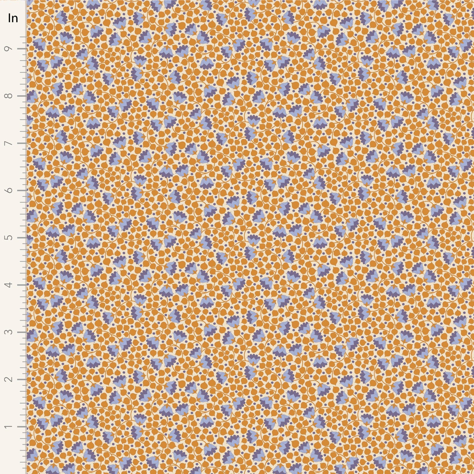 A closeup shot of the quilting fabric pattern called Bellflower, designed by Tone Finnanger, in the mustard colorway. The SKU is TIL110136.