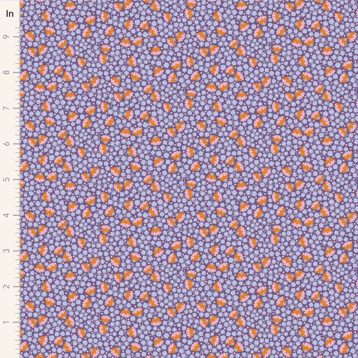 A closeup shot of the quilting fabric pattern called Bellflower, designed by Tone Finnanger, in the thistle colorway. The SKU is TIL110137.