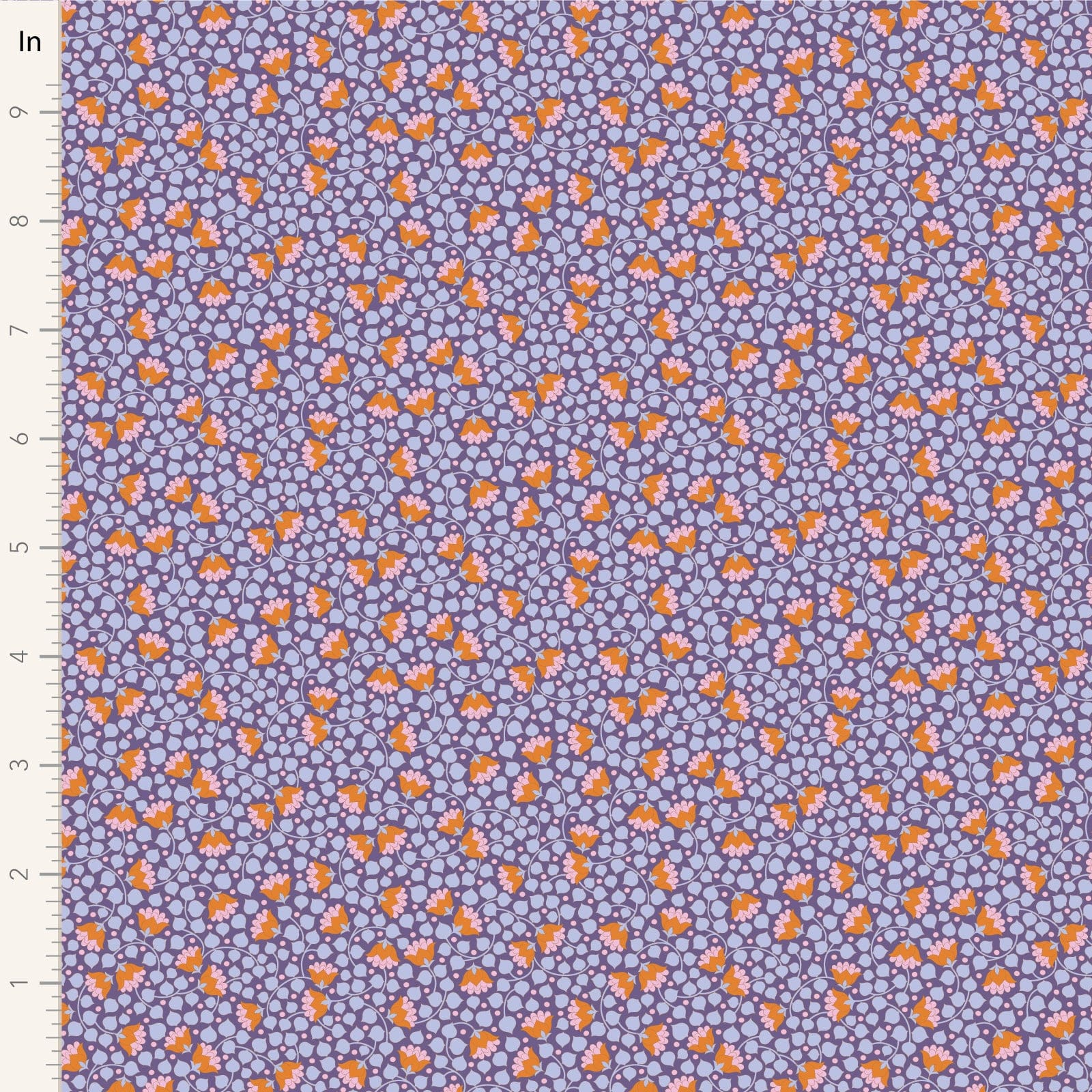 A closeup shot of the quilting fabric pattern called Bellflower, designed by Tone Finnanger, in the thistle colorway. The SKU is TIL110137.