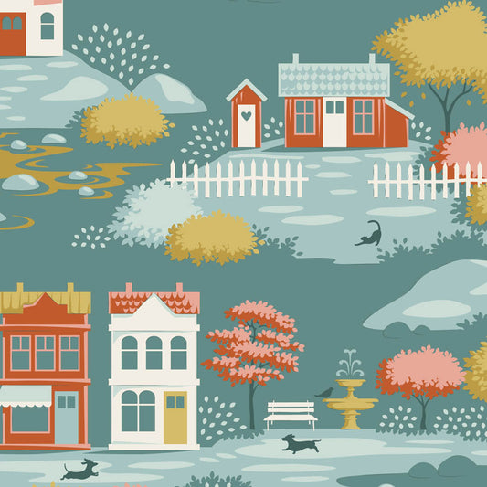Village Teal quilting fabric, part of the Village Life fabric collection by Tilda Fabrics (SKU: TIL110180)