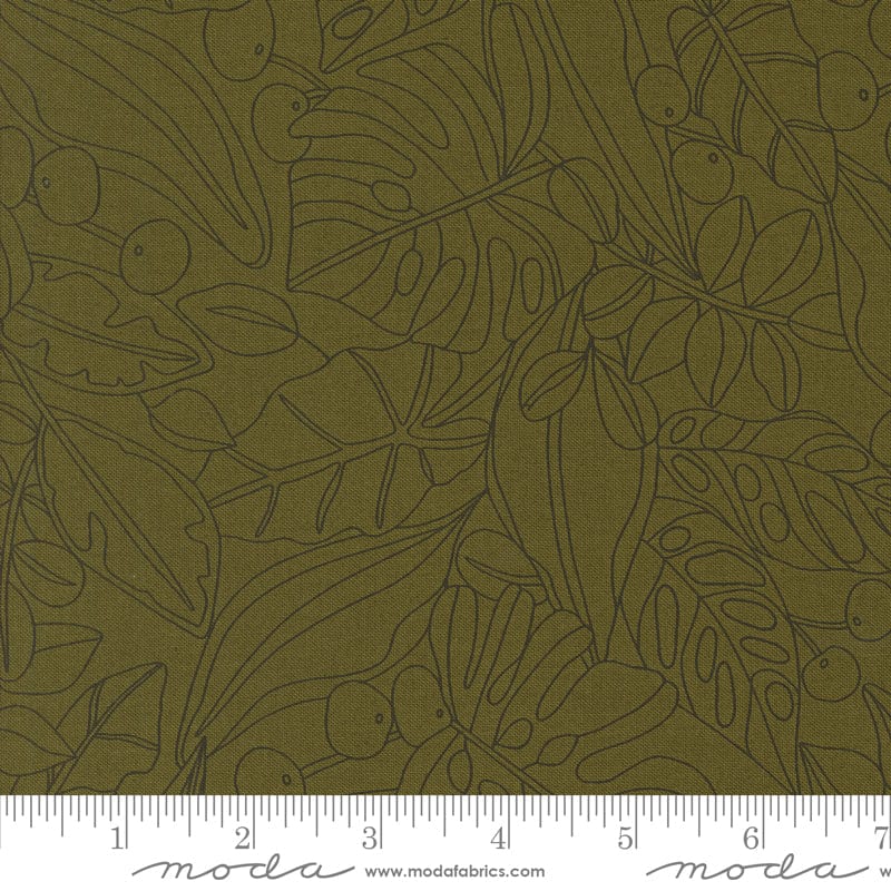 Cotton quilting fabric pattern called 'Greenery in Monstera'. Part of the 'Botany' fabric collection. Designed by Alli K Design for fabric company MODA. SKU: 11551 29. 44-45 inch width.