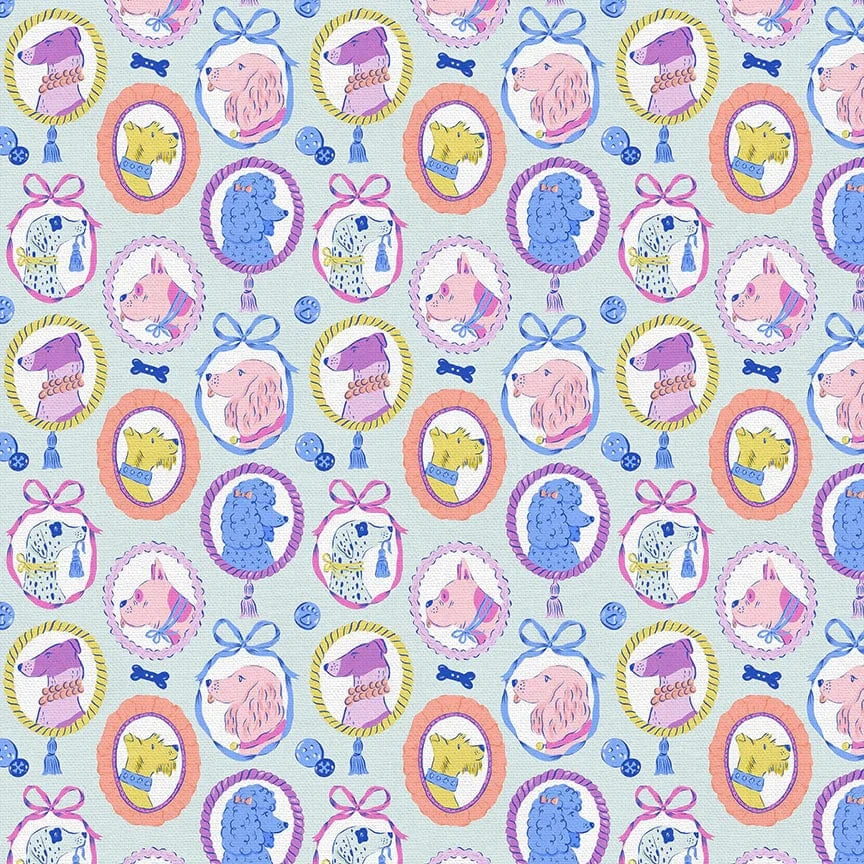 Cotton quilting fabric pattern called 'Canine Keepsakes in Multi'. Part of the 'Pampered Pets' fabric collection. Designed by PBS Collection for fabric company Paintbrush Studio. SKU: 120-24383. 44-45 inch width.