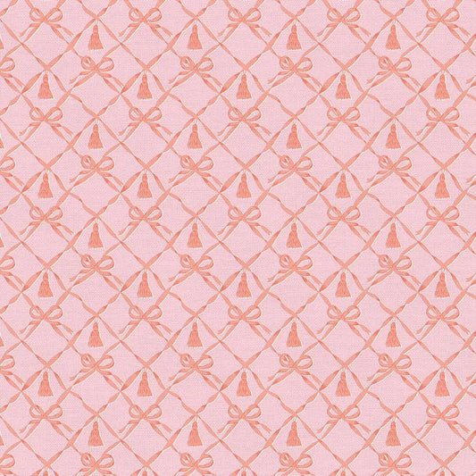 Cotton quilting fabric pattern called 'Pets Bow Trellis in Pink'. Part of the 'Pampered Pets' fabric collection. Designed by PBS Collection for fabric company Paintbrush Studio. SKU: 120-24388. 44-45 inch width.
