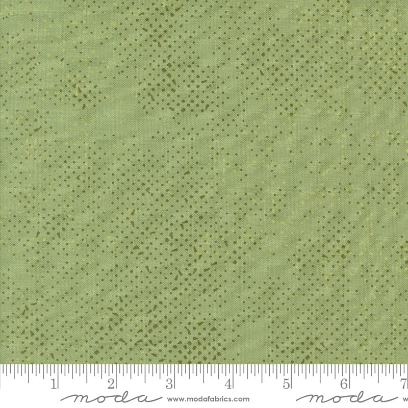 Cotton quilting fabric pattern called 'Spotted in Sage'. Part of the 'Olive You' fabric collection. Designed by Zen Chic for fabric company MODA. SKU: 1660 237. 44-45 inch width.