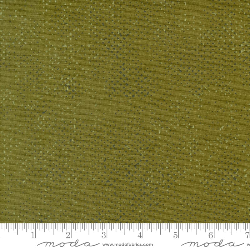 Cotton quilting fabric pattern called 'Spotted in Olive'. Part of the 'Olive You' fabric collection. Designed by Zen Chic for fabric company MODA. SKU: 1660 238. 44-45 inch width.