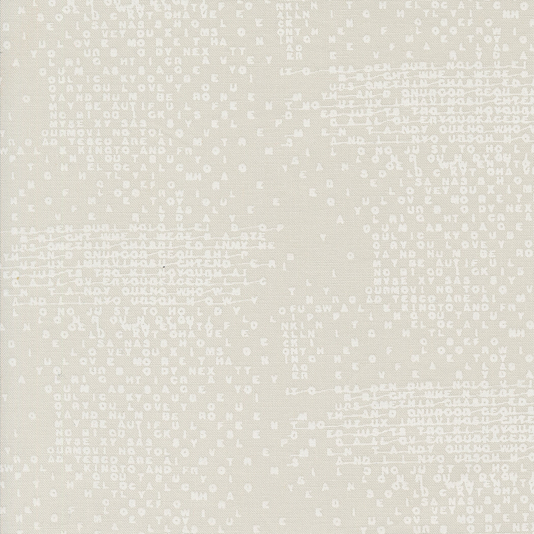 Cotton quilting fabric pattern called 'Spell It Again in Fog'. Part of the 'Still More Paper' fabric collection. Designed by Zen Chic for fabric company MODA. SKU: 1871 13. 44-45 inch width.