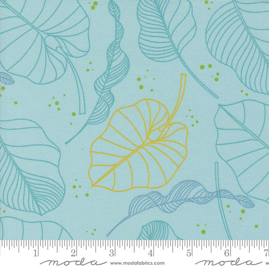 Cotton quilting fabric pattern called 'Leaves in Mist'. Part of the 'Olive You' fabric collection. Designed by Zen Chic for fabric company MODA. SKU: 1880 14. 44-45 inch width.