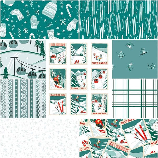 PREORDER - Ski Hill - 1 Yard Bundle of 8 pcs plus panel in Teal - Corinne Wells - 1YD-14770T-9
