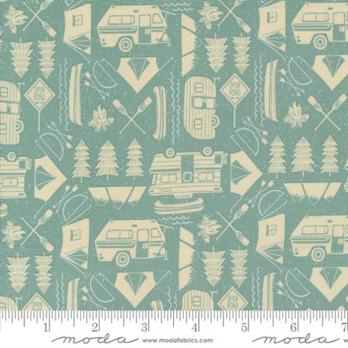 Cotton quilting fabric pattern called 'Open Road in Sky'. Part of the 'The Great Outdoors' fabric collection. Designed by Stacy Iest Hsu for fabric company Moda. SKU: 20884 18. 44-45 inch width.