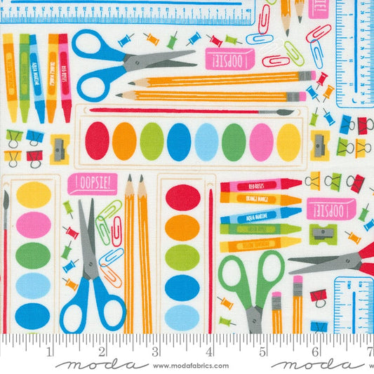 Cotton quilting fabric pattern called 'School Essentials in Paper'. Part of the 'Back to School' fabric collection. Designed by Stacy Iest Hsu for fabric company MODA. SKU: 20891 11. 44-45 inch width.