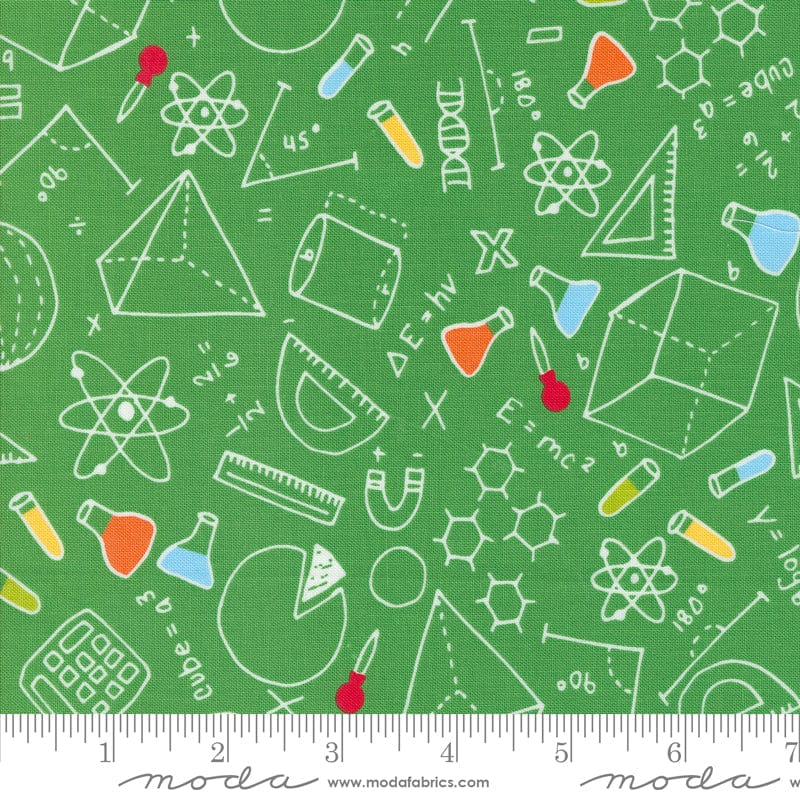 Cotton quilting fabric pattern called 'Math N Science in Grass'. Part of the 'Back to School' fabric collection. Designed by Stacy Iest Hsu for fabric company MODA. SKU: 20892 17. 44-45 inch width.