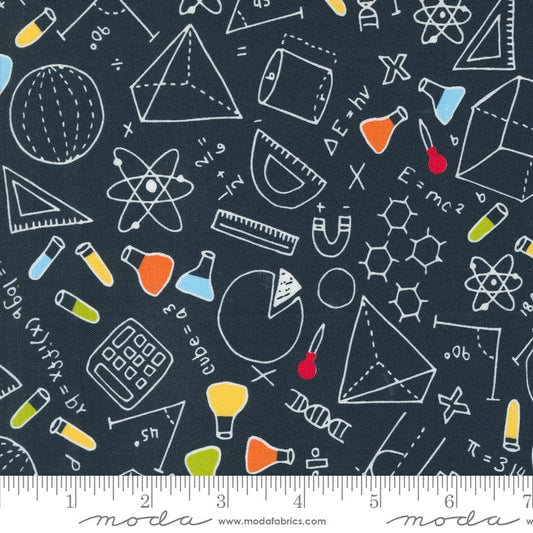 Cotton quilting fabric pattern called 'Math N Science in Blackboard'. Part of the 'Back to School' fabric collection. Designed by Stacy Iest Hsu for fabric company MODA. SKU: 20892 19. 44-45 inch width.