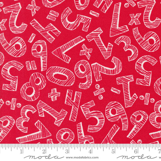 Cotton quilting fabric pattern called 'Numbers in Apple'. Part of the 'Back to School' fabric collection. Designed by Stacy Iest Hsu for fabric company MODA. SKU: 20893 14. 44-45 inch width.