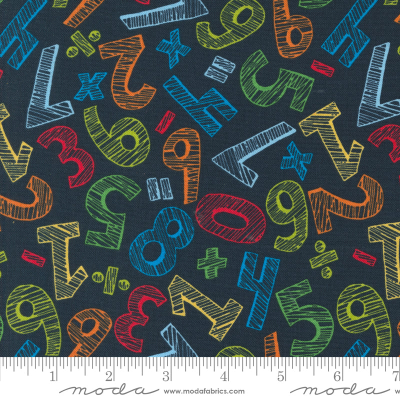 Cotton quilting fabric pattern called 'Numbers in Blackboard'. Part of the 'Back to School' fabric collection. Designed by Stacy Iest Hsu for fabric company MODA. SKU: 20893 19. 44-45 inch width.