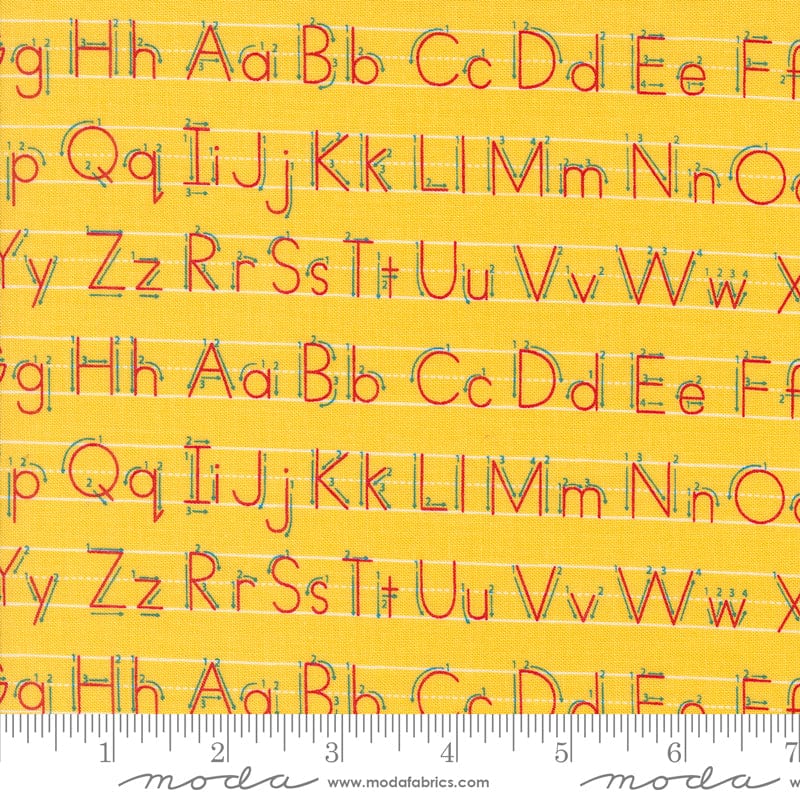 Cotton quilting fabric pattern called 'Writing Letters in School Bus'. Part of the 'Back to School' fabric collection. Designed by Stacy Iest Hsu for fabric company MODA. SKU: 20895 12. 44-45 inch width.