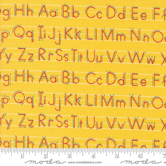 Cotton quilting fabric pattern called 'Writing Letters in School Bus'. Part of the 'Back to School' fabric collection. Designed by Stacy Iest Hsu for fabric company MODA. SKU: 20895 12. 44-45 inch width.