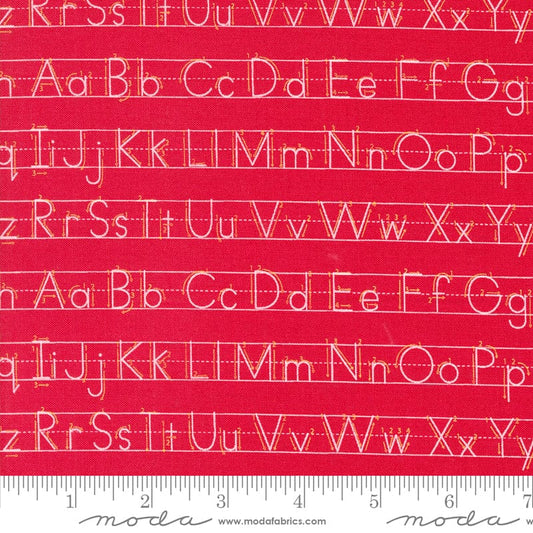 Cotton quilting fabric pattern called 'Writing Letters in Apple'. Part of the 'Back to School' fabric collection. Designed by Stacy Iest Hsu for fabric company MODA. SKU: 20895 14. 44-45 inch width.