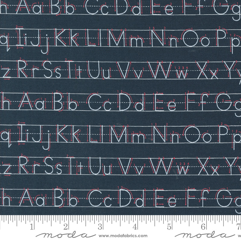 Cotton quilting fabric pattern called 'Writing Letters in Blackboard'. Part of the 'Back to School' fabric collection. Designed by Stacy Iest Hsu for fabric company MODA. SKU: 20895 19. 44-45 inch width.