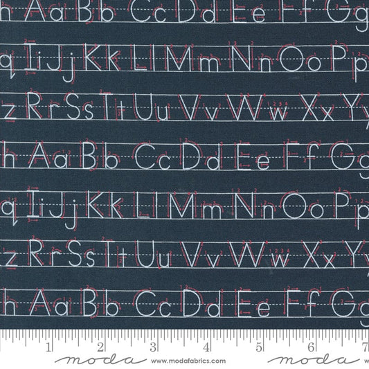 Cotton quilting fabric pattern called 'Writing Letters in Blackboard'. Part of the 'Back to School' fabric collection. Designed by Stacy Iest Hsu for fabric company MODA. SKU: 20895 19. 44-45 inch width.