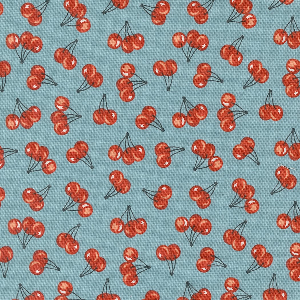 Farm Fresh Cherries in Mountain Stream quilting fabric, part of the Farmstead fabric collection by Stacy Iest Hsu (SKU: 20906 14)